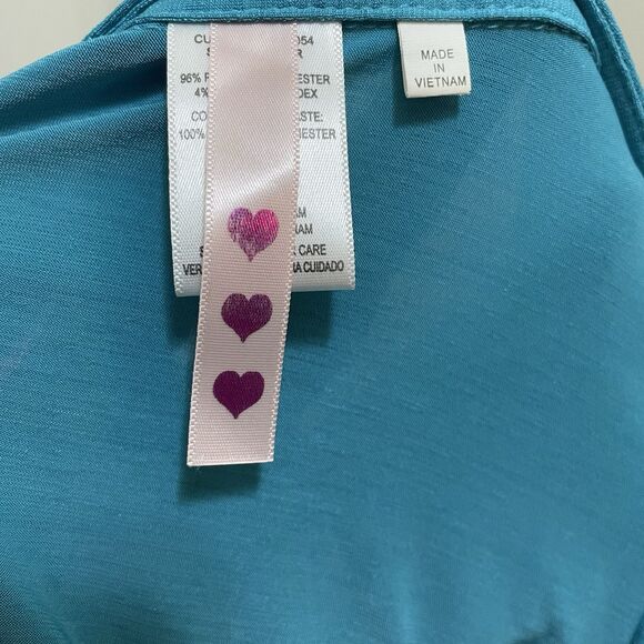 Three Pink Hearts Turquoise Babydoll Blouse Ruched Pleated V-Neck Women's Medium - Picture 5 of 8